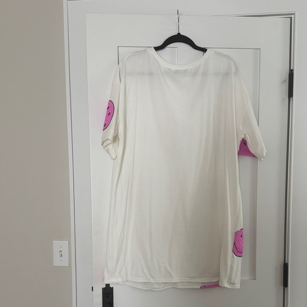 White T-Shirt Dress with Pink Smiley Faces - Picture 6 of 6